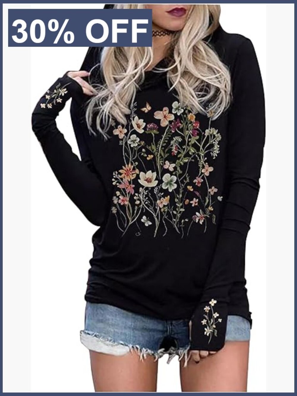 Vintage Floral Hooded Sweatshirt Pullover Long Sleeve Tunic Tee